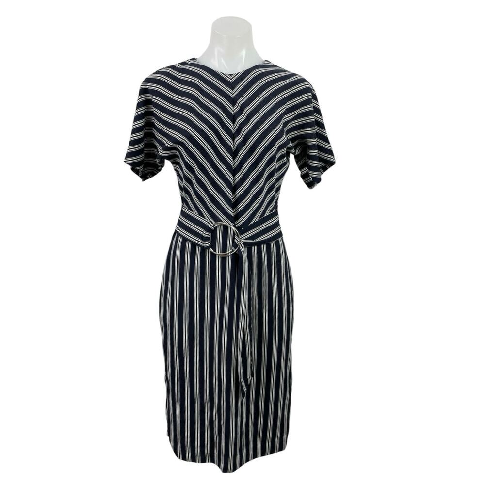 Warehouse Women's Black White Stripe Short Sleeve Belted Midi Sheath Dress Sz 8